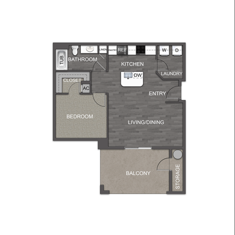 Floor plan for 1 bed, 1 bath, 955 sqft
